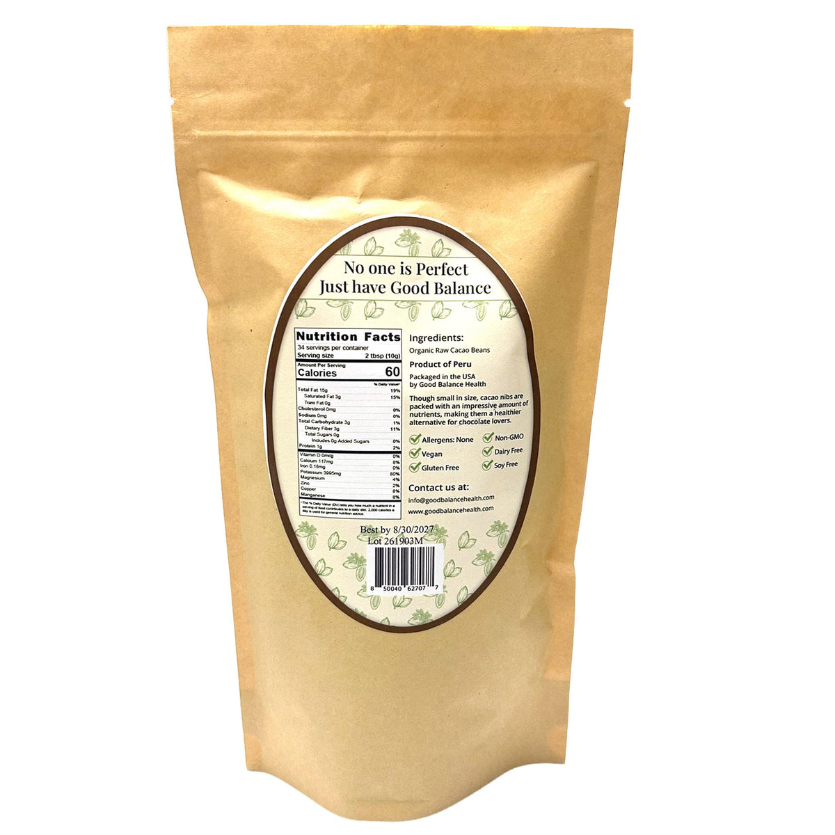 Back label with ingredients and nutrition facts