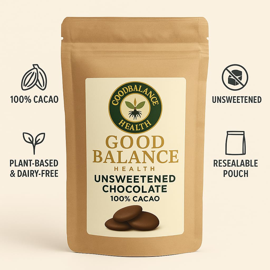 Unsweetened Chocolate Wafers 100% Cacao by Good Balance Health, Dark Baking Chocolate Discs for Cooking, Candy Making, Hot Chocolate & Snacking, Dairy Free, No Added Sugar, 12 oz Resealable Value Bag