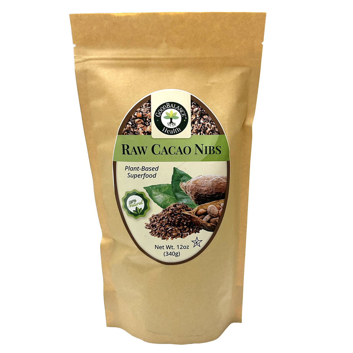 Good Balance Health Raw Cacao Nibs 12 oz bag, front