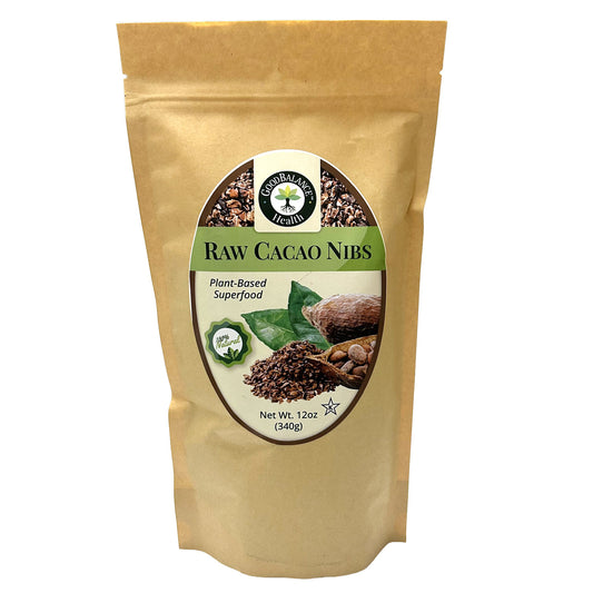 Good Balance Health Raw Cacao Nibs 12 oz bag, front