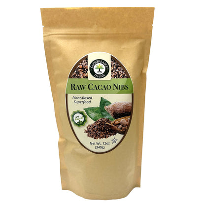 Good Balance Health Raw Cacao Nibs 12 oz bag, front
