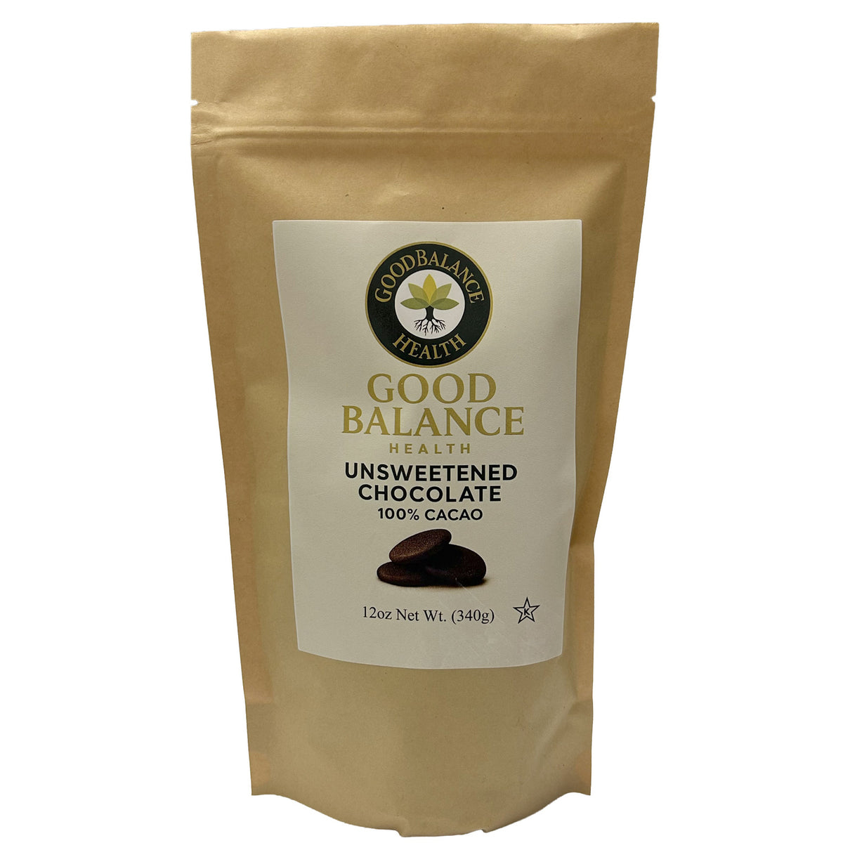 Good Balance Health Unsweetened Chocolate Wafers 100% Cacao, 12 oz bag, front