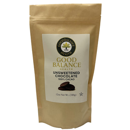 Good Balance Health Unsweetened Chocolate Wafers 100% Cacao, 12 oz bag, front