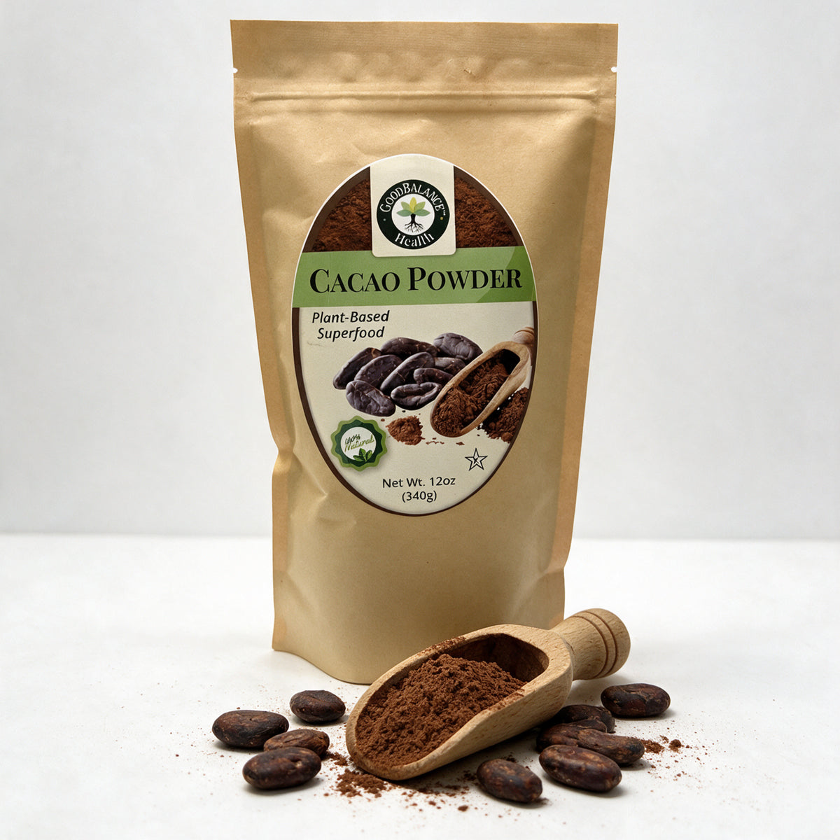 Wooden scoop of cacao powder with cacao beans in front of the bag