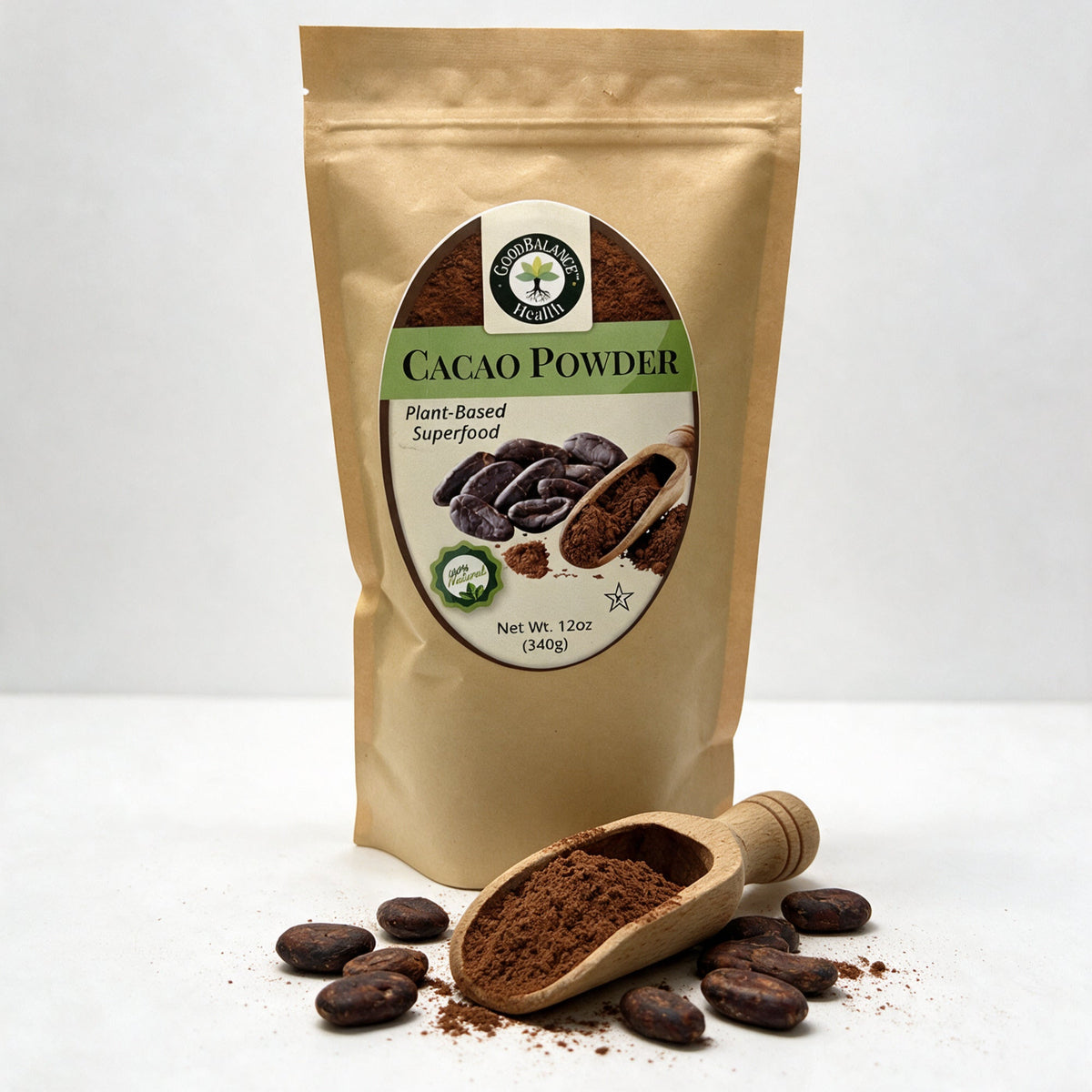 Wooden scoop of cacao powder with cacao beans in front of the bag