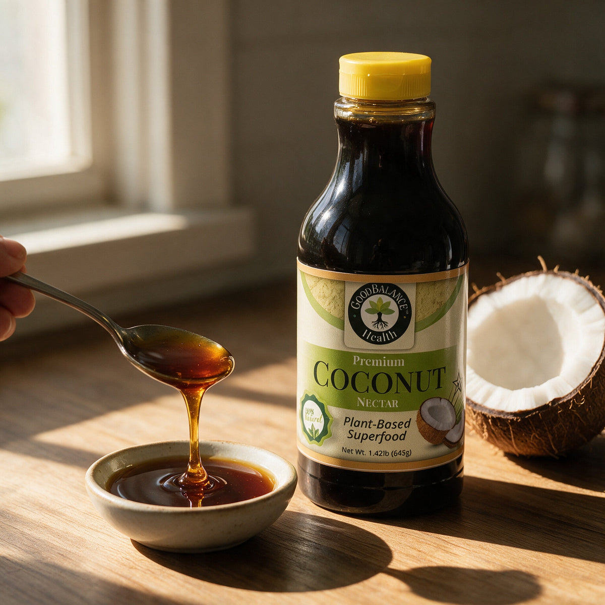 Coconut nectar drizzling from a spoon