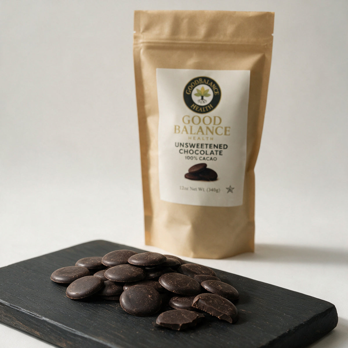 Unsweetened chocolate wafers on a board beside the bag