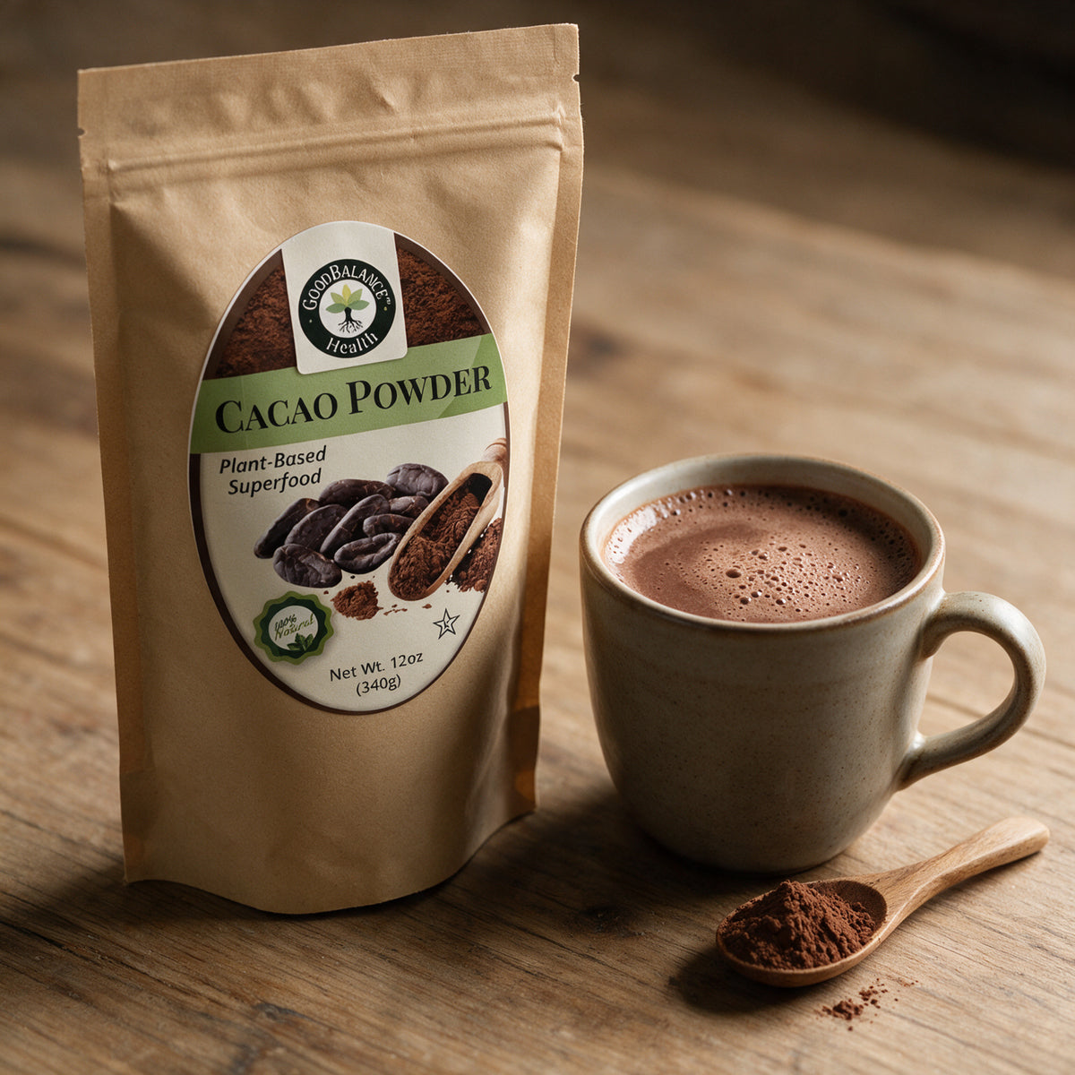 Mug of hot chocolate made with cacao powder