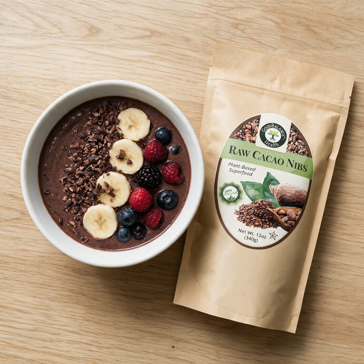 Smoothie bowl topped with raw cacao nibs, banana and berries