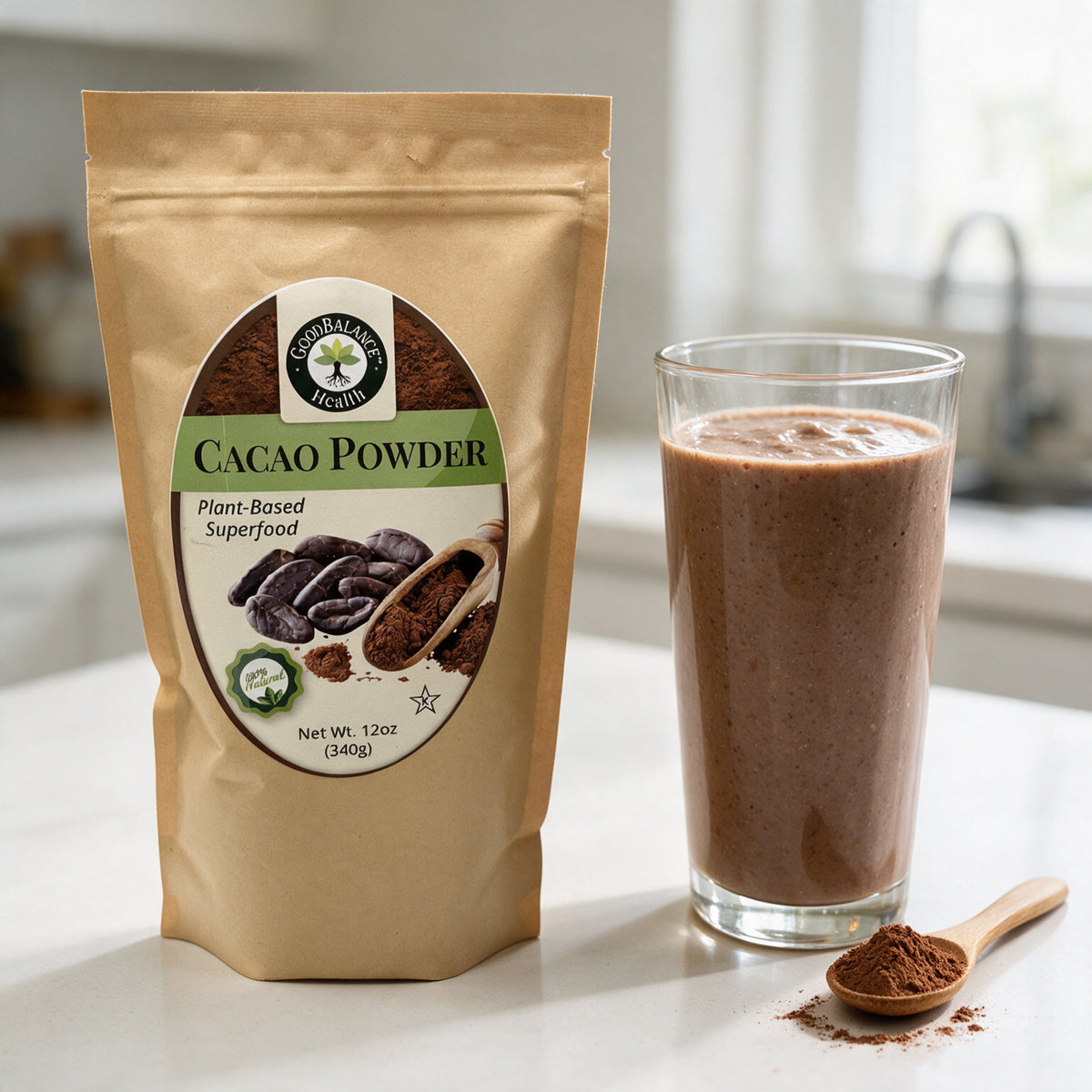 Chocolate banana smoothie made with cacao powder