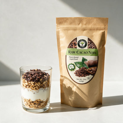 Yogurt parfait with granola and raw cacao nibs