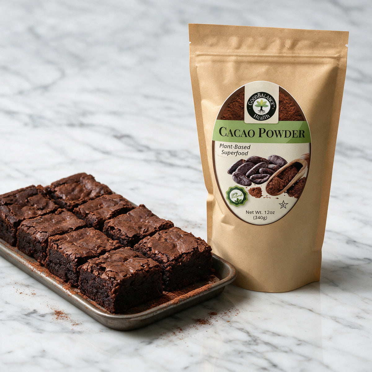 Tray of brownies made with cacao powder