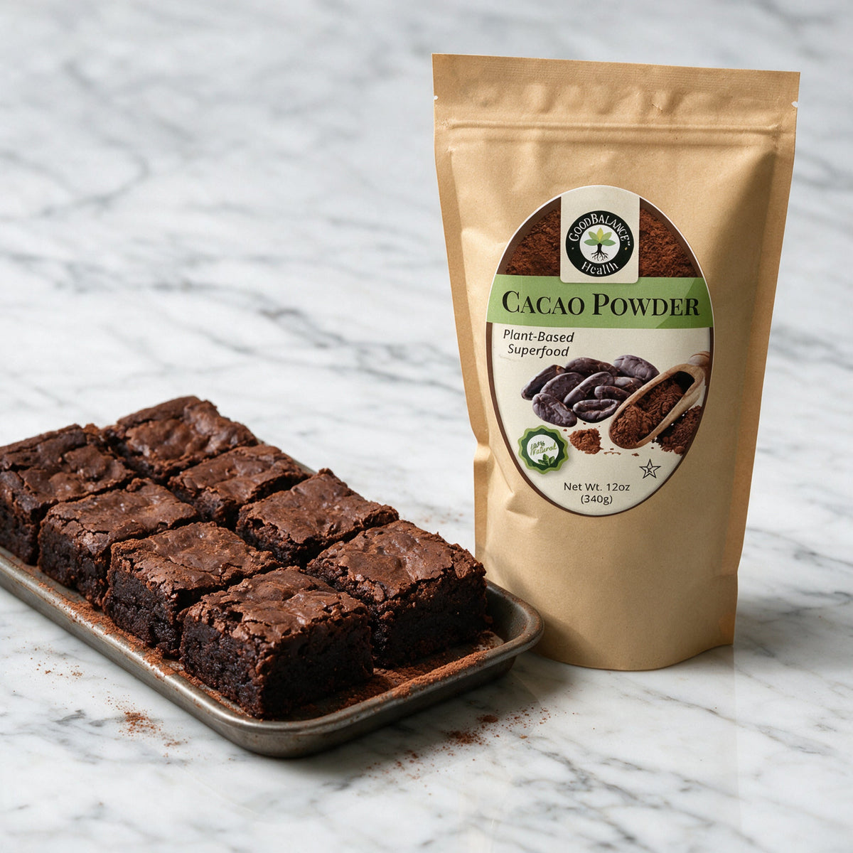 Tray of brownies made with cacao powder