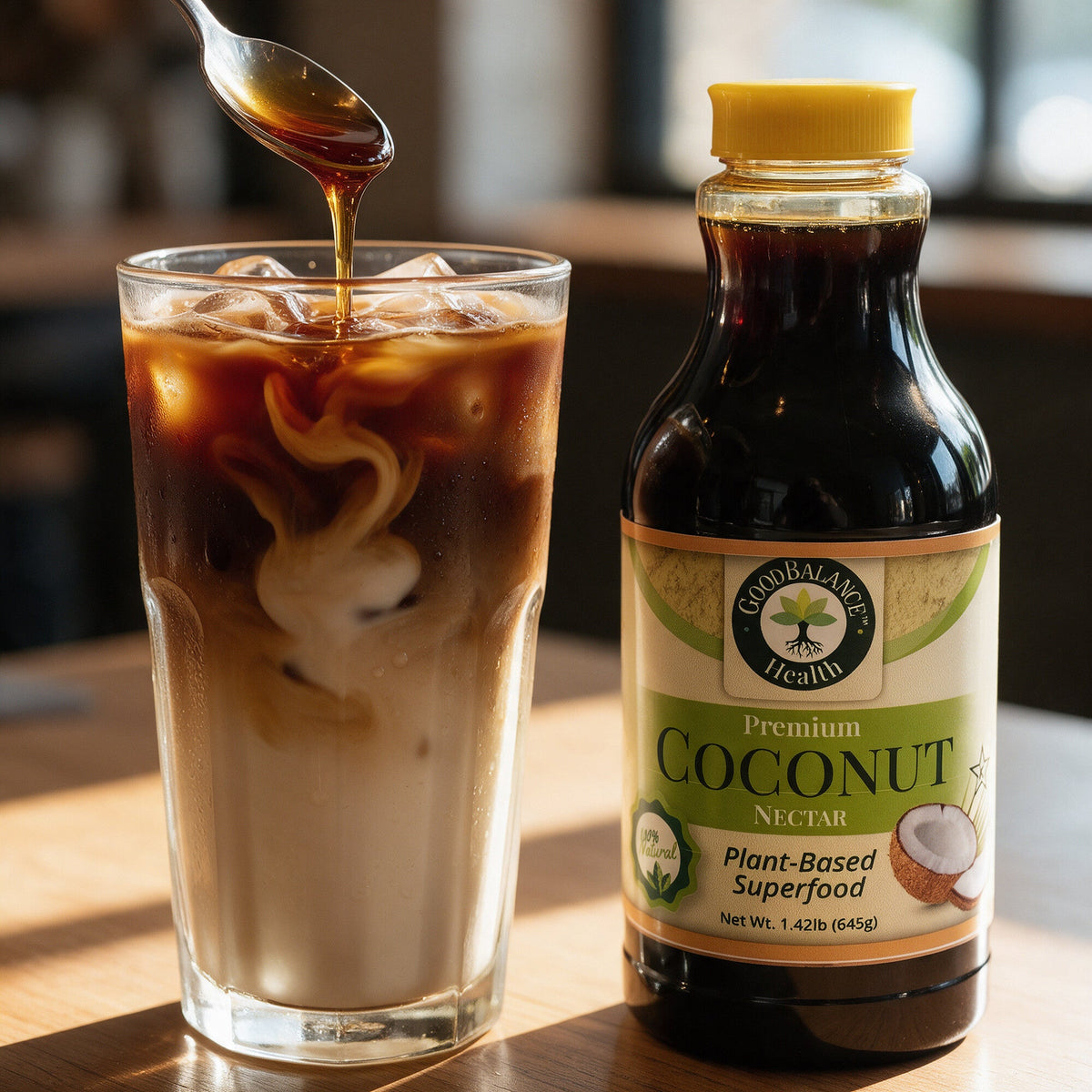 Iced coffee sweetened with coconut nectar