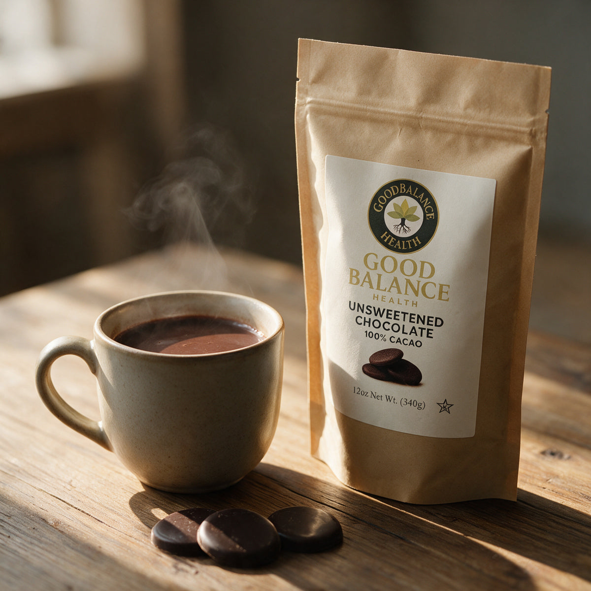 Mug of hot chocolate made with unsweetened chocolate wafers
