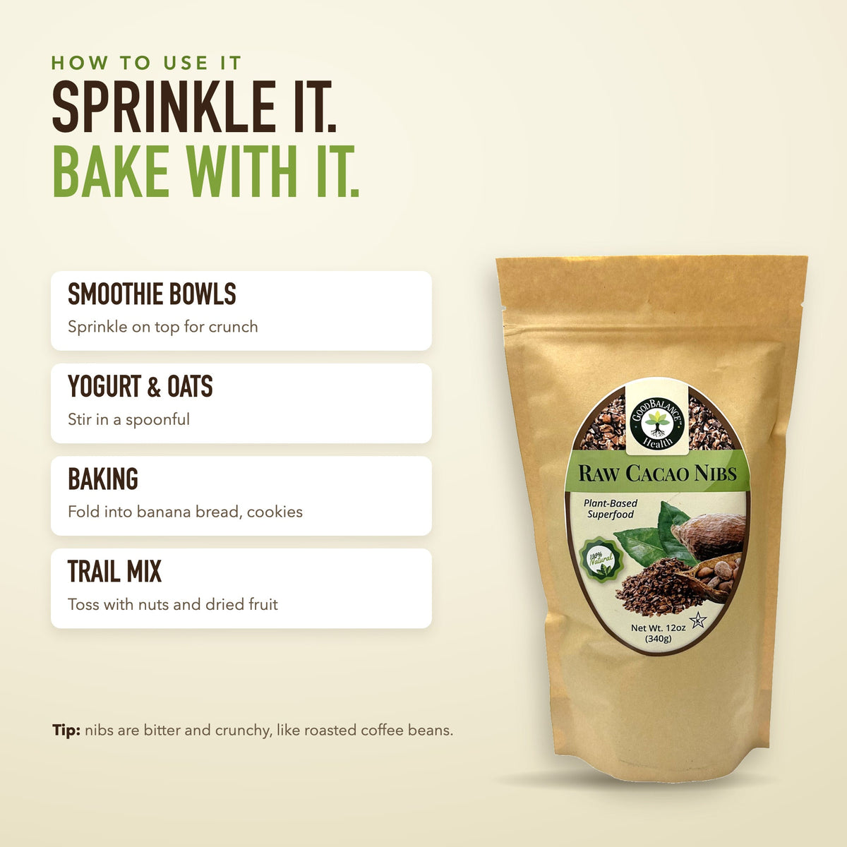 How to use: smoothie bowls, yogurt and oats, baking, trail mix