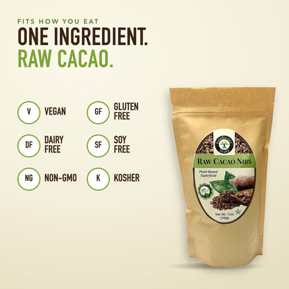 One ingredient, raw cacao: vegan, gluten free, dairy free, soy free, non-GMO, kosher