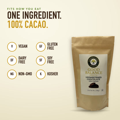 One ingredient, 100% cacao: vegan, gluten free, dairy free, soy free, non-GMO, kosher