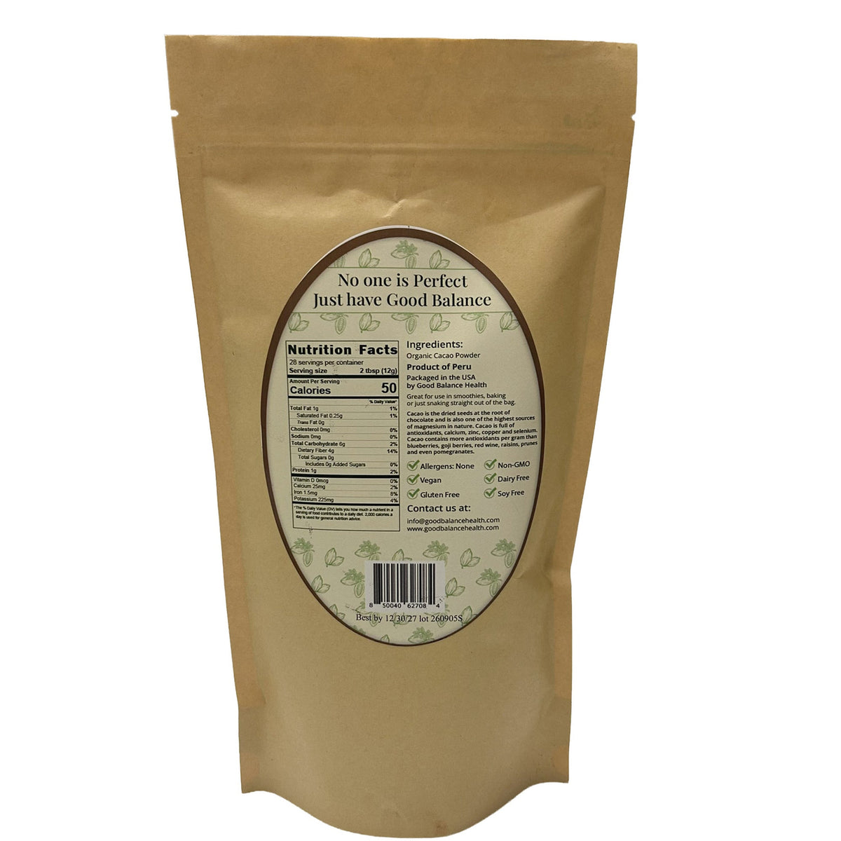 Back label with ingredients and nutrition facts
