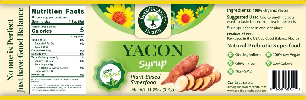 Good Balance Health Yacon Syrup | Natural Sweetener | Sugar Substitute | Low Glycemic Index, Low Calorie Syrup | Prebiotics, Vitamins, Fiber | Vegan, Gluten Free, Kosher Syrup | 11.25 Ounce Bottle