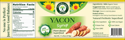Good Balance Health Yacon Syrup | Natural Sweetener | Sugar Substitute | Low Glycemic Index, Low Calorie Syrup | Prebiotics, Vitamins, Fiber | Vegan, Gluten Free, Kosher Syrup | 11.25 Ounce Bottle