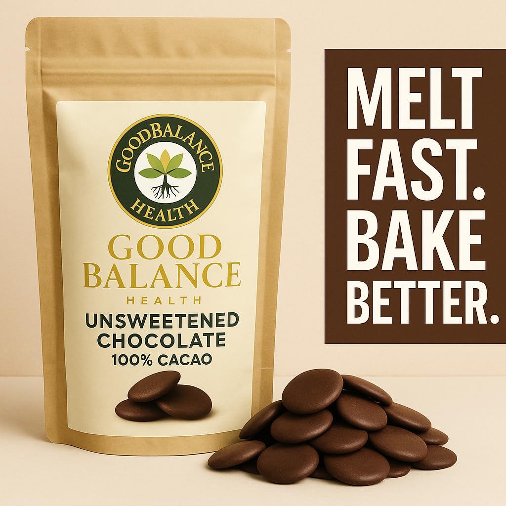 Unsweetened Chocolate Wafers 100% Cacao by Good Balance Health, Dark Baking Chocolate Discs for Cooking, Candy Making, Hot Chocolate & Snacking, Dairy Free, No Added Sugar, 12 oz Resealable Value Bag