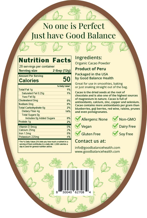 Good Balance Health Organic Cacao Powder | Raw Unsweetened Cacao Powder for Baking, Smoothies & Hot Chocolate | Plant-Based Superfood, Non-GMO, Gluten Free, Vegan & Keto Friendly, Resealable Bag