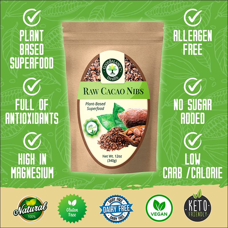 Good Balance Health Raw Cacao Nibs, Chocolate Chip Alternative, Perfect for Baking, Smoothies, Plant-Based, Organic, Gluten Free, Vegan Friendly, Keto Friendly, Resealable Bag, 12 ounces