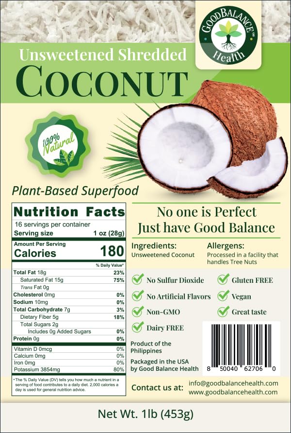 Good Balance Health Unsweetened Dry Coconut Flakes, No SO2, All Natural, Only One Ingredient Pure Coconut (32 Ounces (Pack of 2))