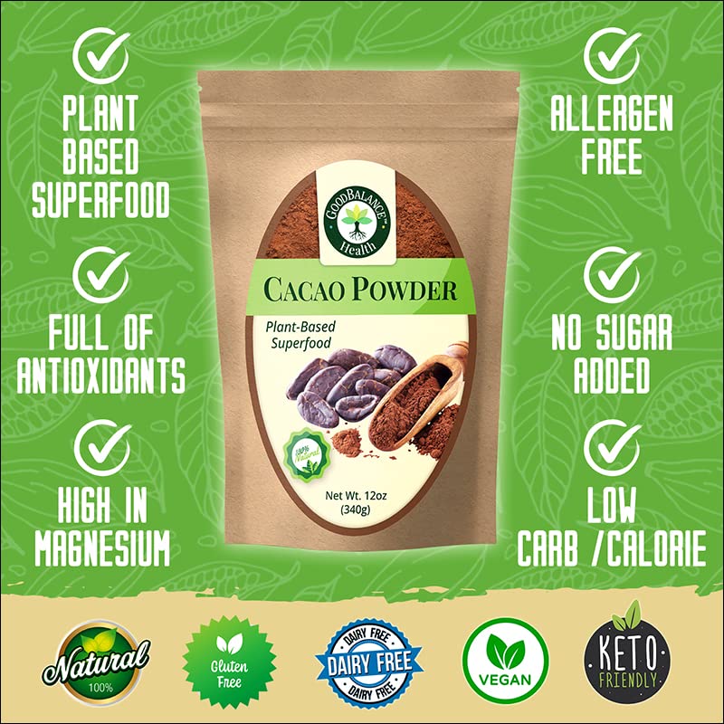 Good Balance Health Organic Cacao Powder | Raw Unsweetened Cacao Powder for Baking, Smoothies & Hot Chocolate | Plant-Based Superfood, Non-GMO, Gluten Free, Vegan & Keto Friendly, Resealable Bag