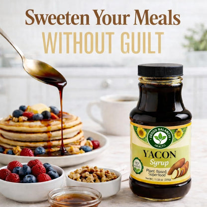 Good Balance Health Yacon Syrup | Natural Sweetener | Sugar Substitute | Low Glycemic Index, Low Calorie Syrup | Prebiotics, Vitamins, Fiber | Vegan, Gluten Free, Kosher Syrup | 11.25 Ounce Bottle
