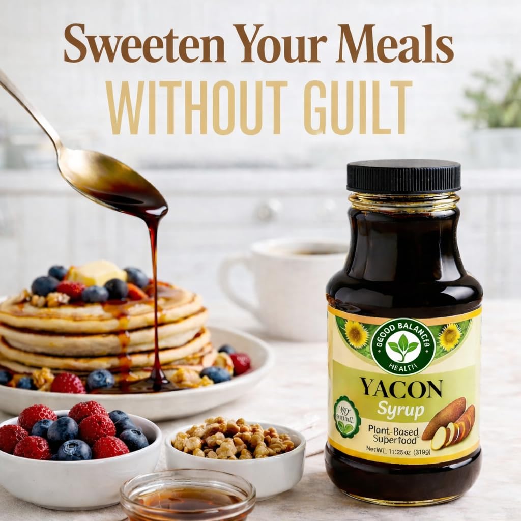 Good Balance Health Yacon Syrup | Natural Sweetener | Sugar Substitute | Low Glycemic Index, Low Calorie Syrup | Prebiotics, Vitamins, Fiber | Vegan, Gluten Free, Kosher Syrup | 11.25 Ounce Bottle