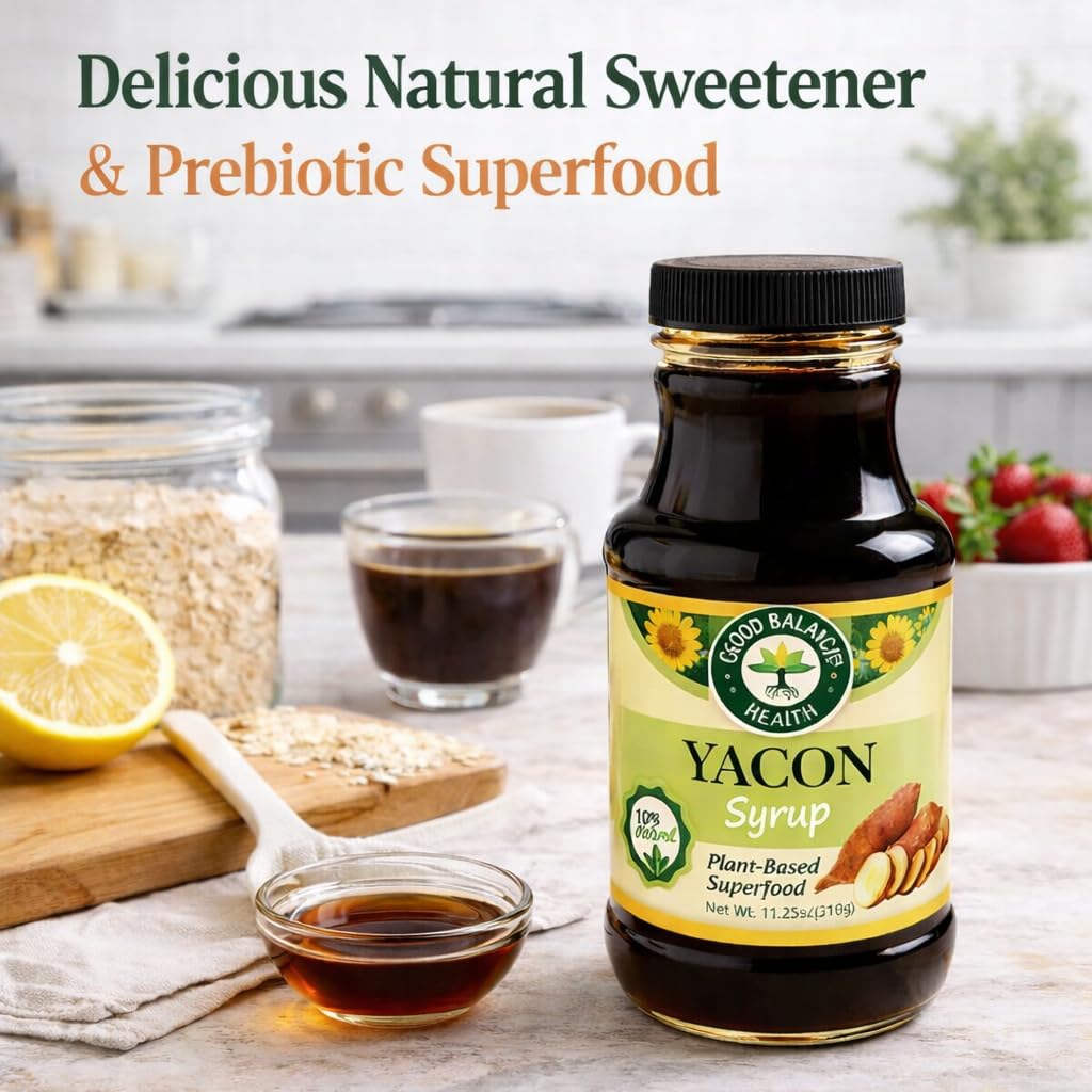 Good Balance Health Yacon Syrup | Natural Sweetener | Sugar Substitute | Low Glycemic Index, Low Calorie Syrup | Prebiotics, Vitamins, Fiber | Vegan, Gluten Free, Kosher Syrup | 11.25 Ounce Bottle