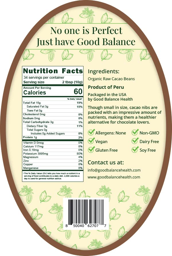Good Balance Health Raw Cacao Nibs, Chocolate Chip Alternative, Perfect for Baking, Smoothies, Plant-Based, Organic, Gluten Free, Vegan Friendly, Keto Friendly, Resealable Bag, 12 ounces