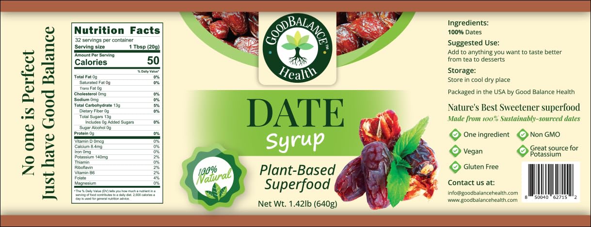 Good Balance Health Organic Date Syrup Sweetener, Natural Sugar Alternative for Coffee, Tea, Baking and Cooking, Vegan Paleo Gluten Free, Kosher, 22.5 oz Squeeze Bottle