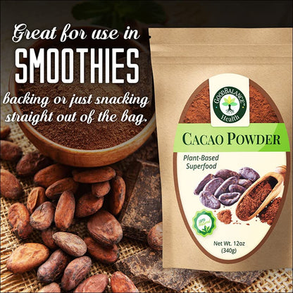 Good Balance Health Organic Cacao Powder | Raw Unsweetened Cacao Powder for Baking, Smoothies & Hot Chocolate | Plant-Based Superfood, Non-GMO, Gluten Free, Vegan & Keto Friendly, Resealable Bag