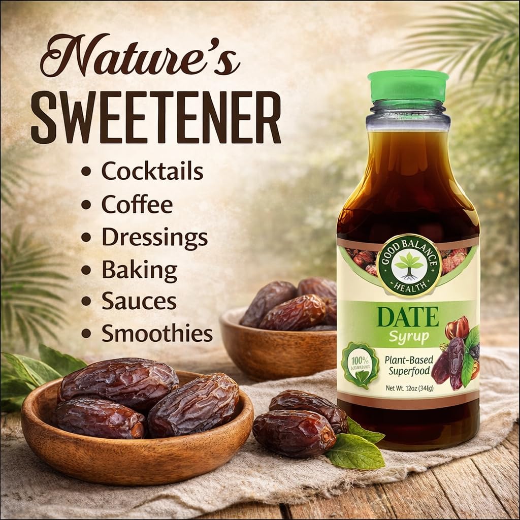 Good Balance Health Organic Date Syrup Sweetener, Natural Sugar Alternative for Coffee, Tea, Baking and Cooking, Vegan Paleo Gluten Free, Kosher, 22.5 oz Squeeze Bottle