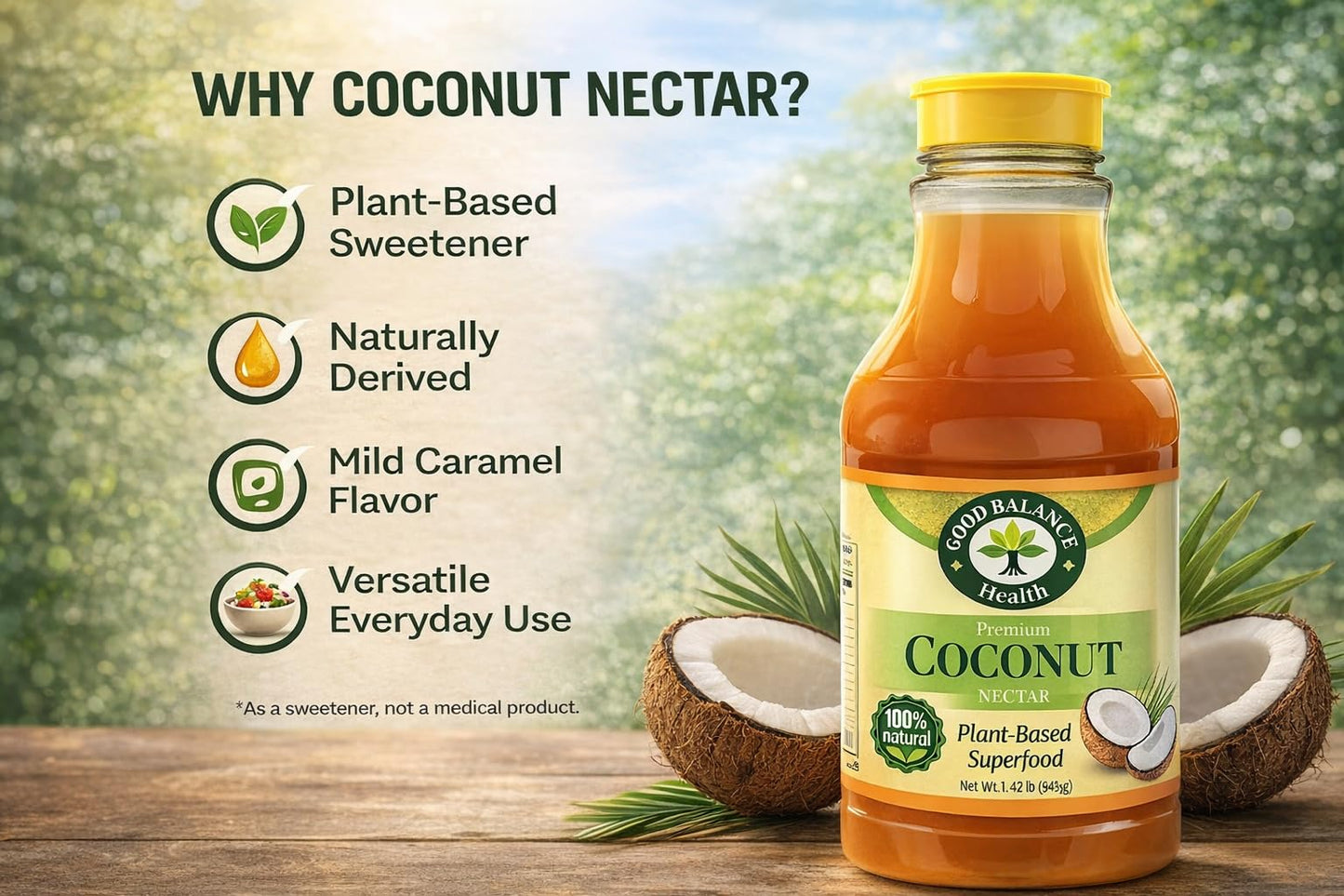 Good Balance Health Coconut Nectar | Natural Liquid Sweetener | Low Glycemic Sweetener | All Natural and Organic | Sugar Substitute | Non GMO, Gluten Free, Keto Sugar, Vegan Friendly, Baking | 22 Ounces (645 Grams)