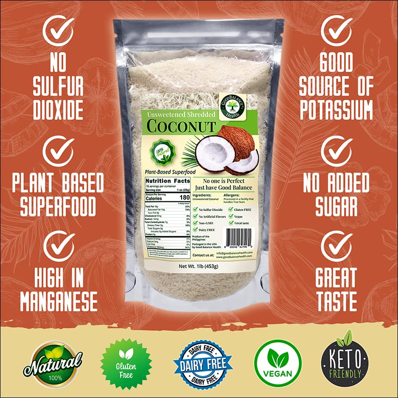 Good Balance Health Unsweetened Dry Coconut Flakes, No SO2, All Natural, Only One Ingredient Pure Coconut (32 Ounces (Pack of 2))