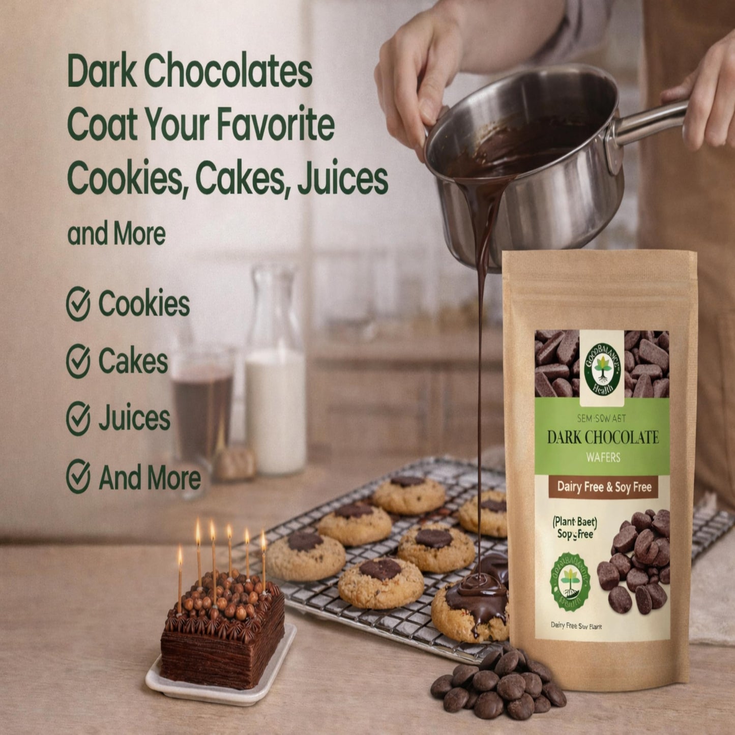 Good Balance Health Dark Chocolate Wafers, Semi Sweet, Dairy Free, Soy Free, Melting Chocolate for Deserts, Baking, Fondue, Dipping, Decorations, 1 Resealable Bag, 24oz total